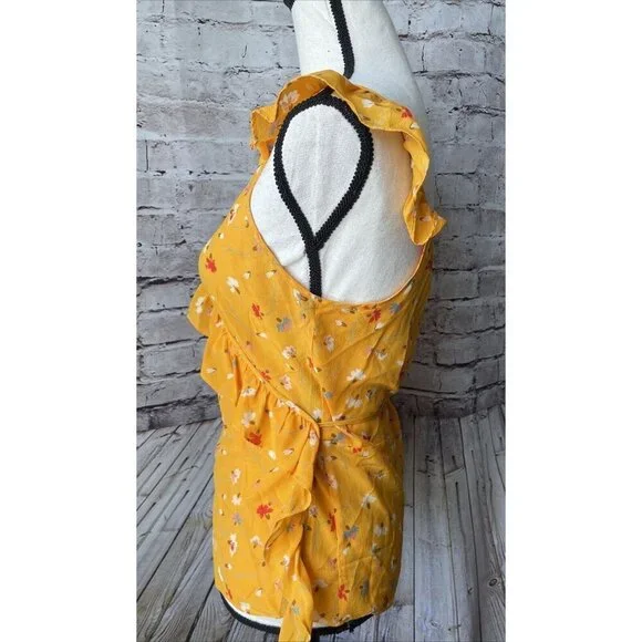 Madewell 100% Silk Floral Wrap Tank Top Ruffle Yellow V Neck Size 6 - Picture 2 of 5